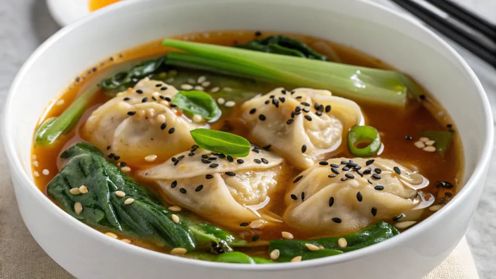 Potsticker Soup with Mushrooms & Bok Choy 1 a close up captures a vibrant bowl of dumpling sou