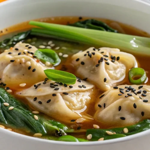 Potsticker Soup with Mushrooms & Bok Choy 2 a close up captures a vibrant bowl of dumpling sou