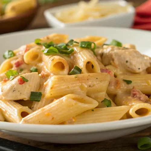 a close up shot reveals a heaping plate of penne p