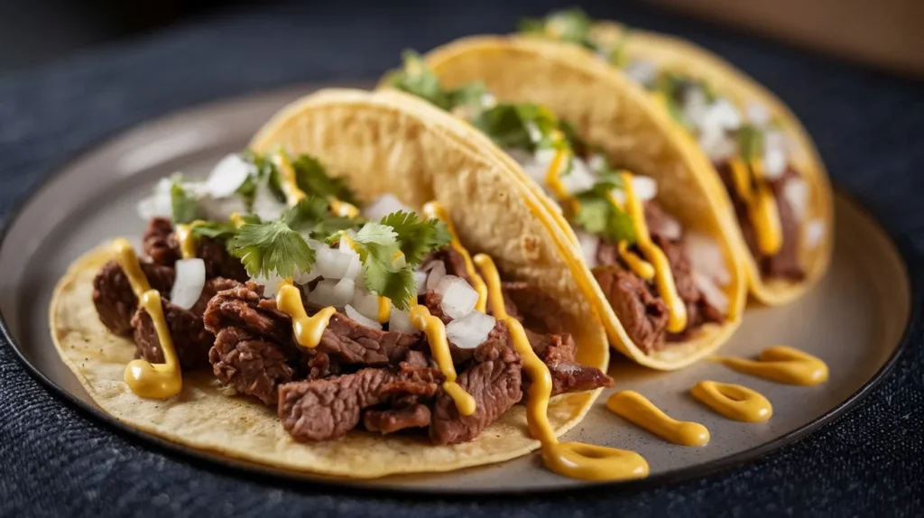 a photo of three beef tacos on a round p 8eUgYI99RmSRZtlpDDALdQ N8SAT RdQnuuAOgLafAZpw