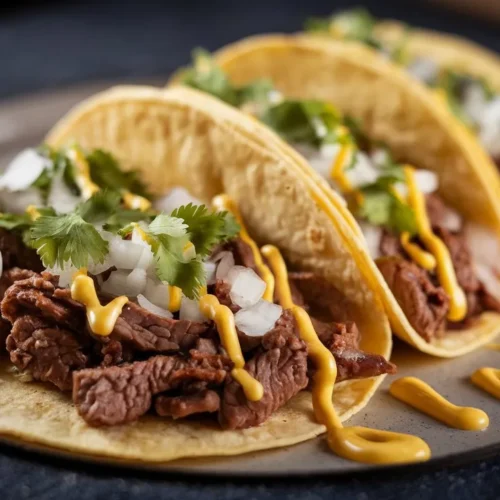 a photo of three beef tacos on a round p 8eUgYI99RmSRZtlpDDALdQ N8SAT RdQnuuAOgLafAZpw