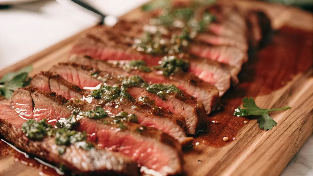 a sizzling perfectly grilled flank steak rests on