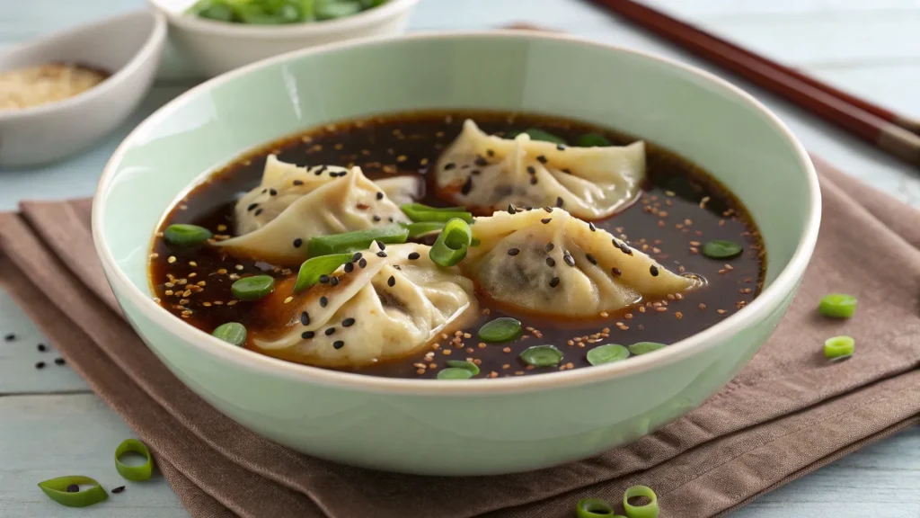 the image shows a bowl of potsticker soup the pots