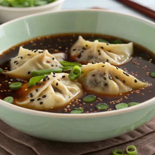 the image shows a bowl of potsticker soup the pots