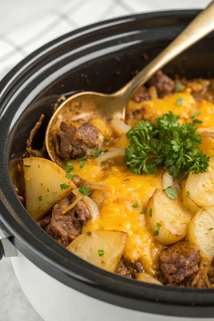 a comforting slow cooker steak and cheddar potato