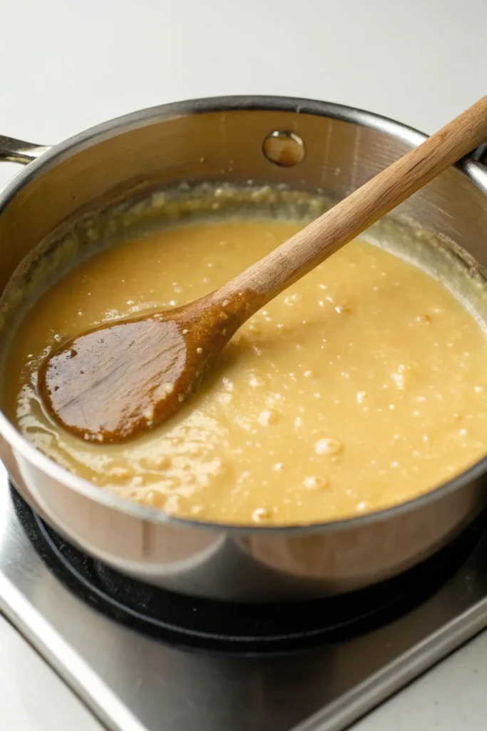 Keto Condensed Milk 2 a small saucepan sits on a stovetop filled with a